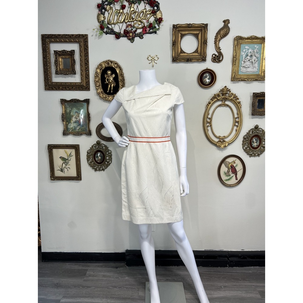 Ports Cream Textured Jacquard Asymmetrical Sheath Dress 6